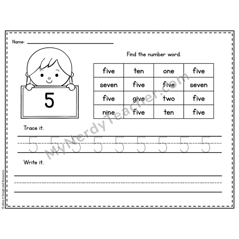 Number 5 Worksheet — Find and Trace the Number Word