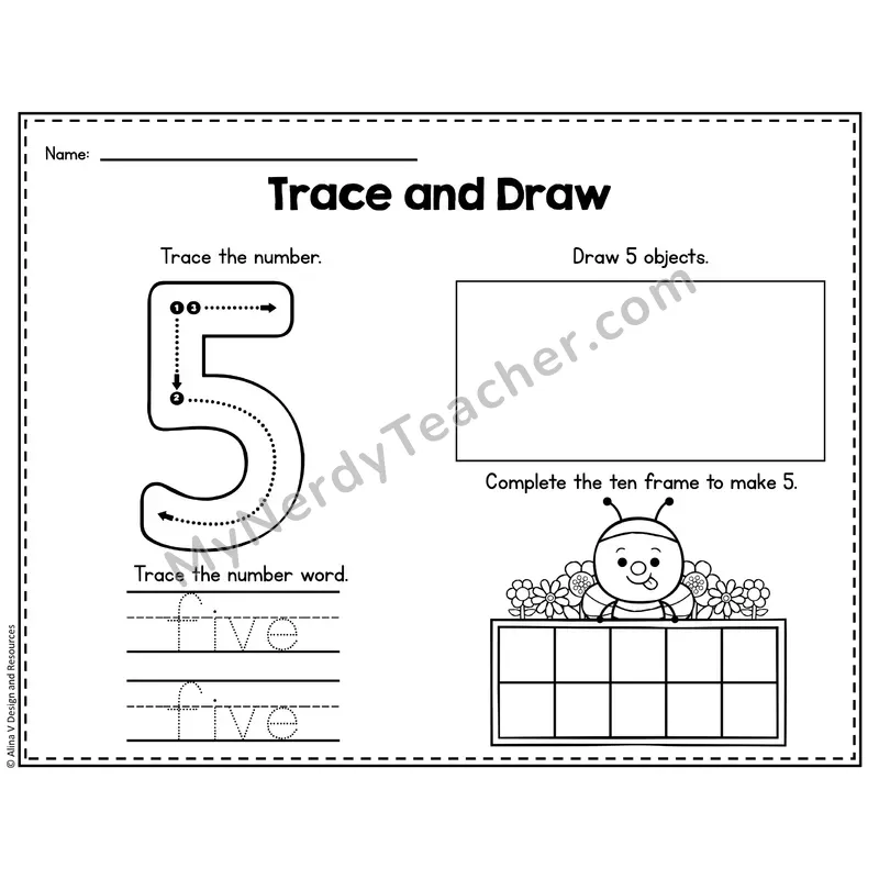 Number 5 Worksheet — Trace and Draw