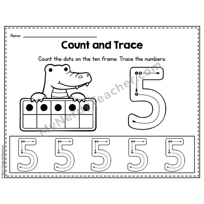 Number 5 Worksheet — Count and Trace