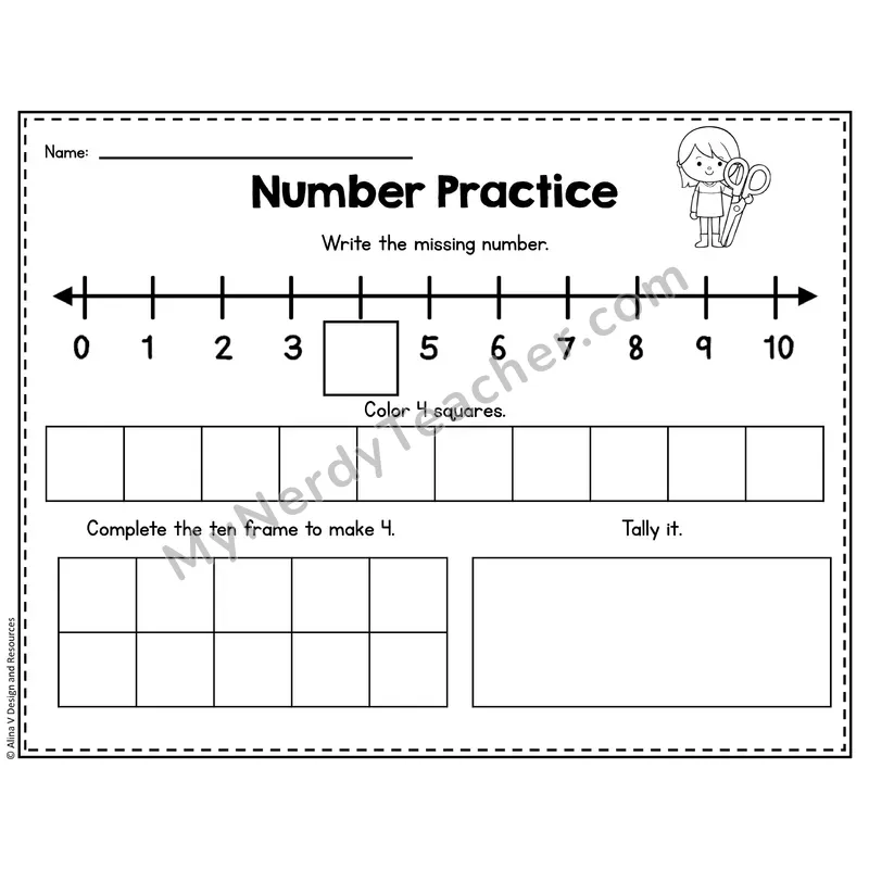 Number 4 Worksheet — Number Practice with Ten Frames