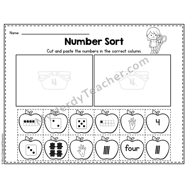 Number 4 Worksheet — Number Sort Cut and Paste