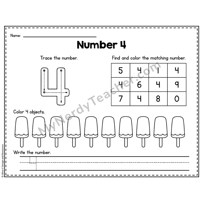 Number 4 Worksheet — Trace, Find and Write