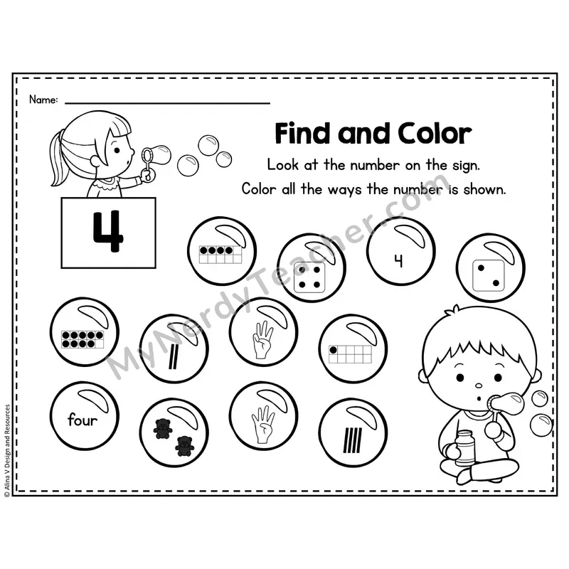 Number 4 Worksheet — Find and Color the Number