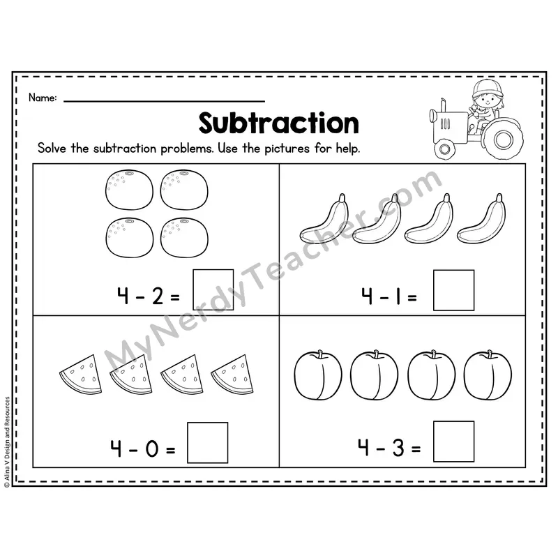 Number 4 Worksheet — Subtraction Within 10