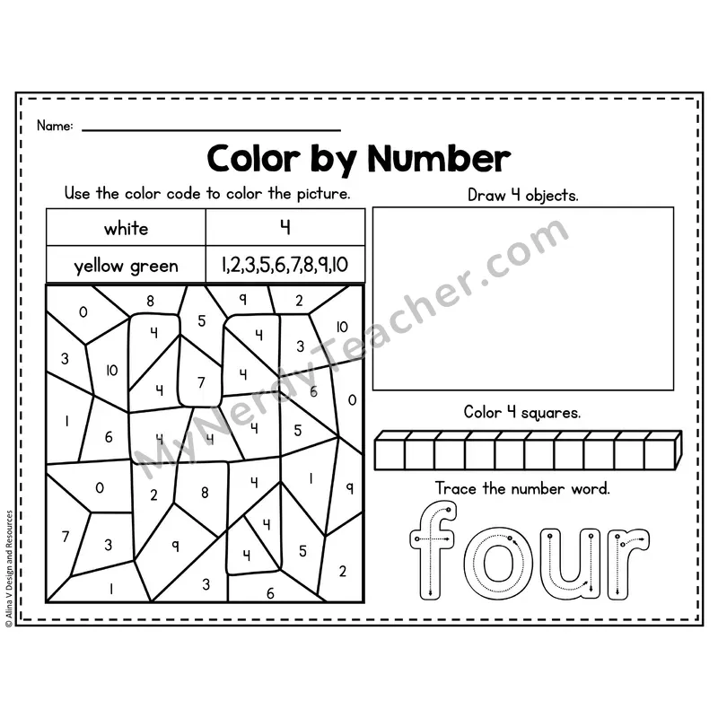 Number 4 Worksheet — Color by Number