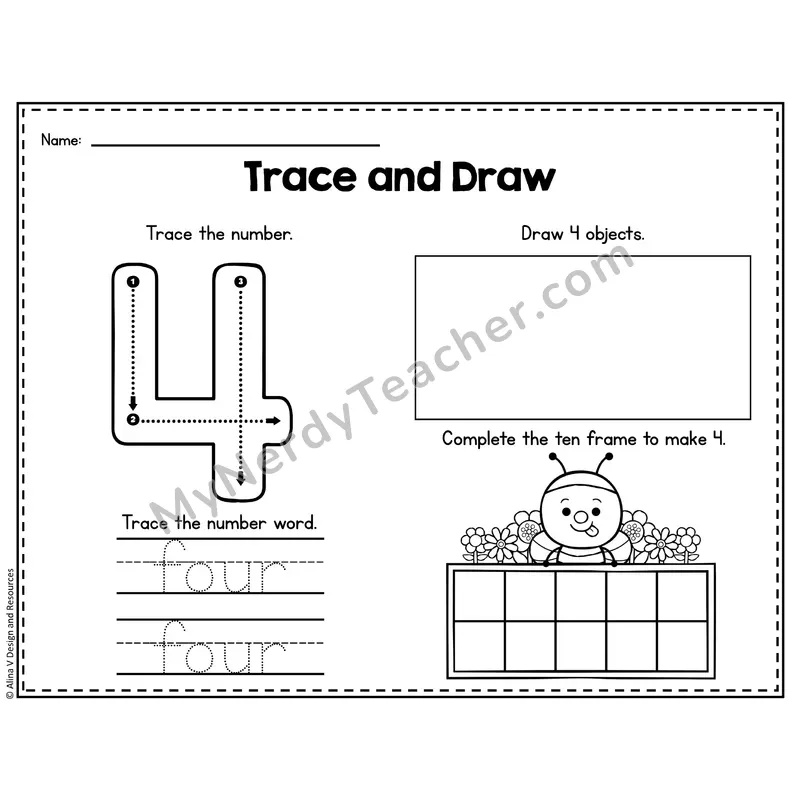 Number 4 Worksheet — Trace and Draw