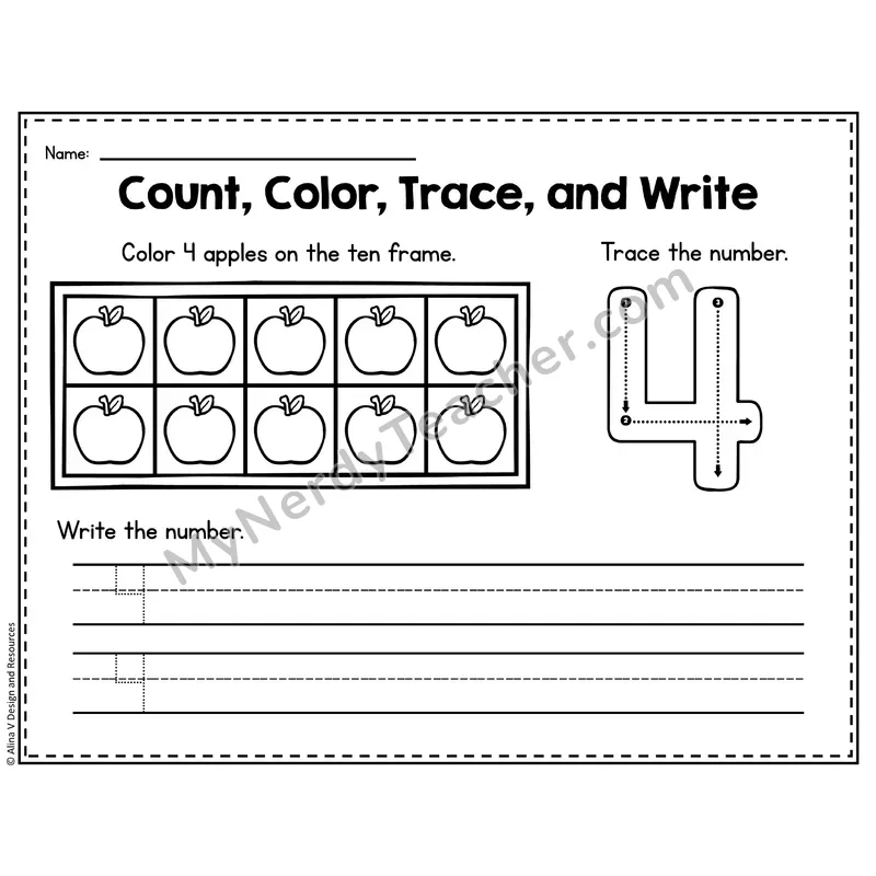 Number 4 Worksheet — Count, Color, Trace and Write