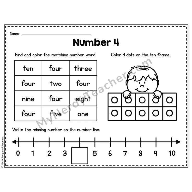 Number 4 Worksheet — Ten Frames and Number Words
