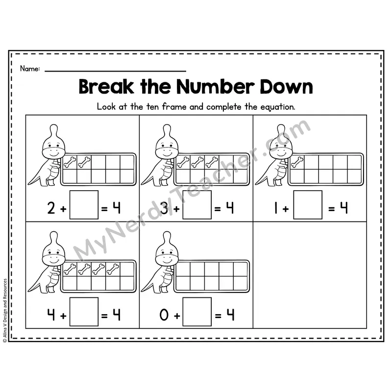 Number 4 Worksheet — Break the Number Down with Ten Frames