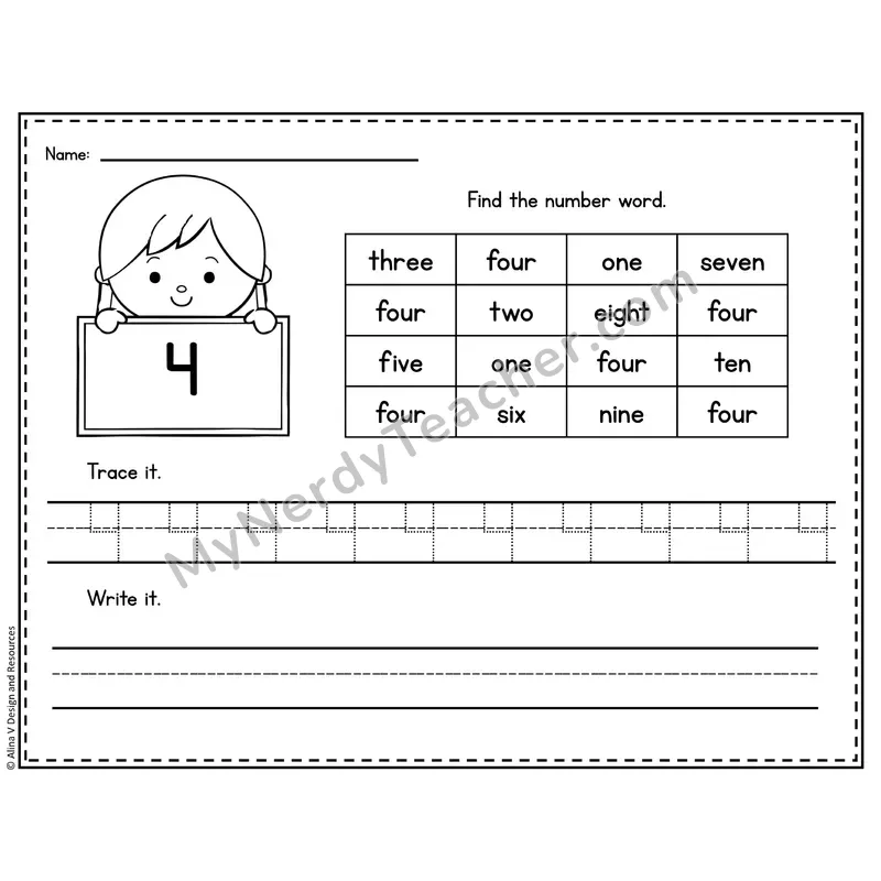 Number 4 Worksheet — Find and Trace the Number Word