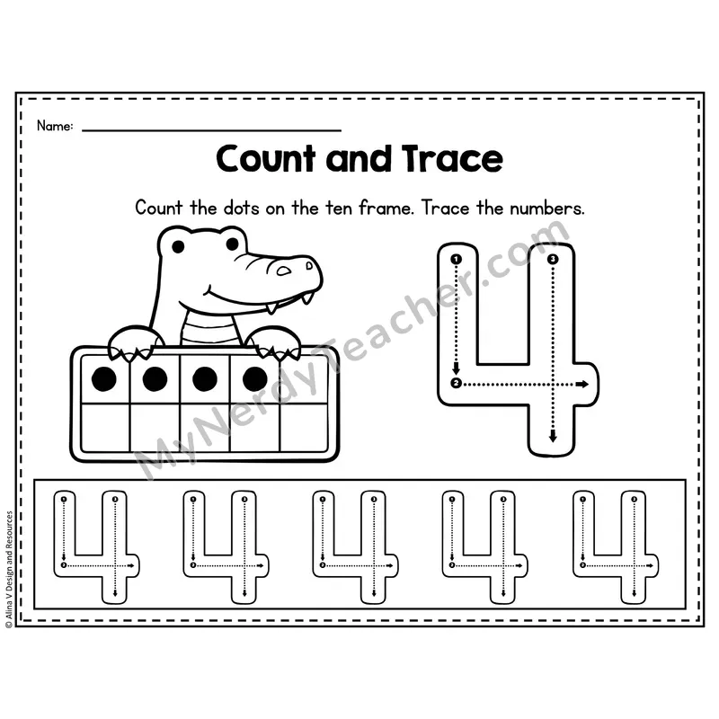Number 4 Worksheet — Count and Trace