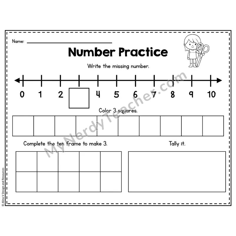 Number 3 Worksheet — Number Practice with Ten Frames