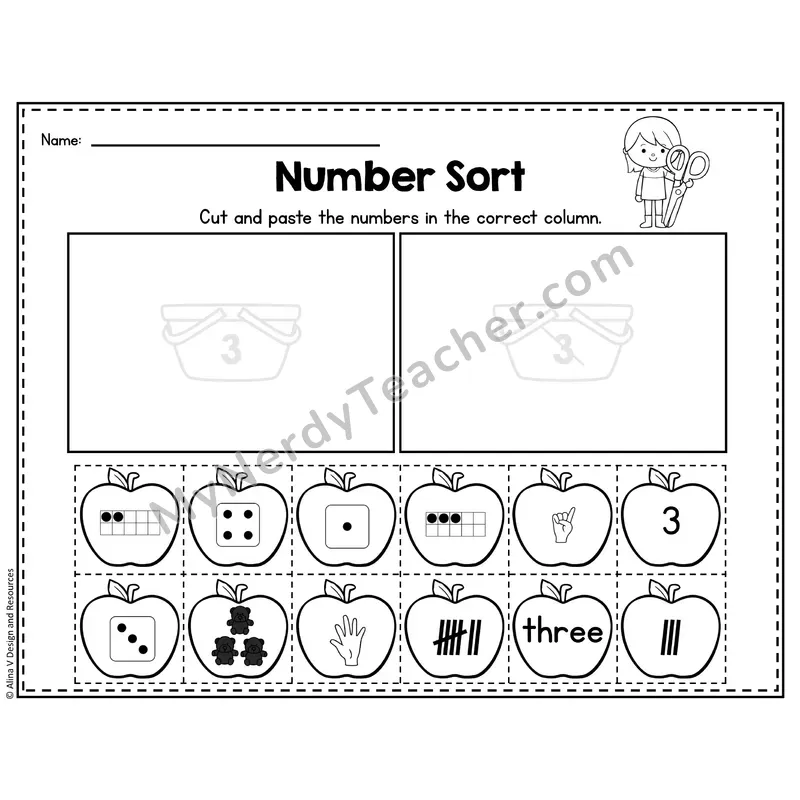 Number 3 Worksheet — Number Sort Cut and Paste