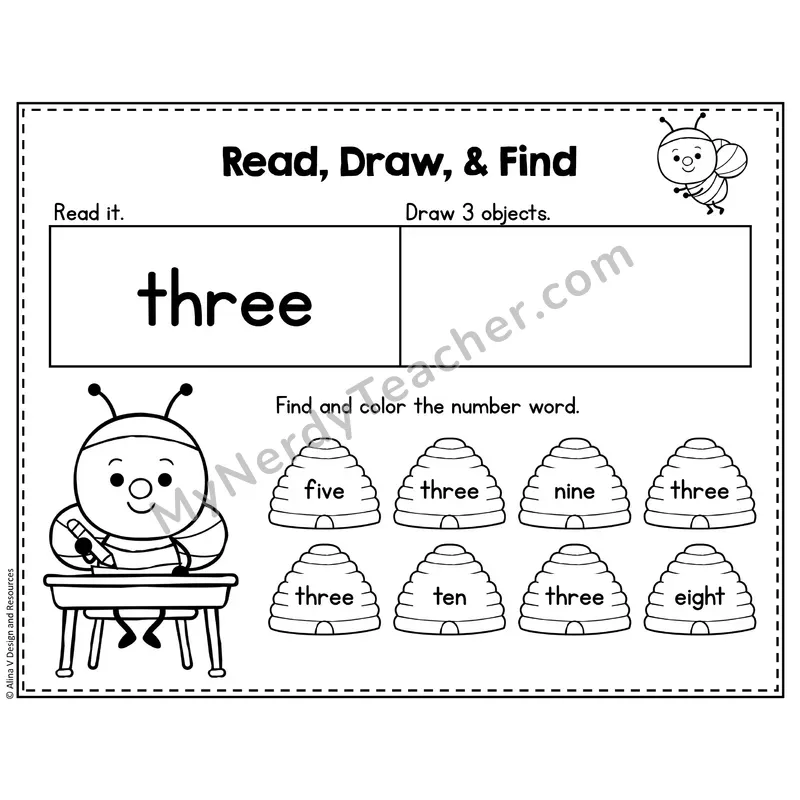 Number 3 Worksheet — Read, Draw and Find