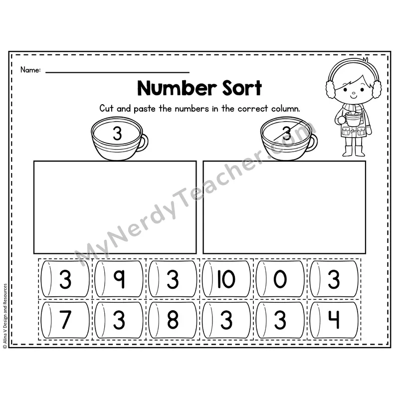 Number 3 Worksheet — Number Sort Cut and Paste