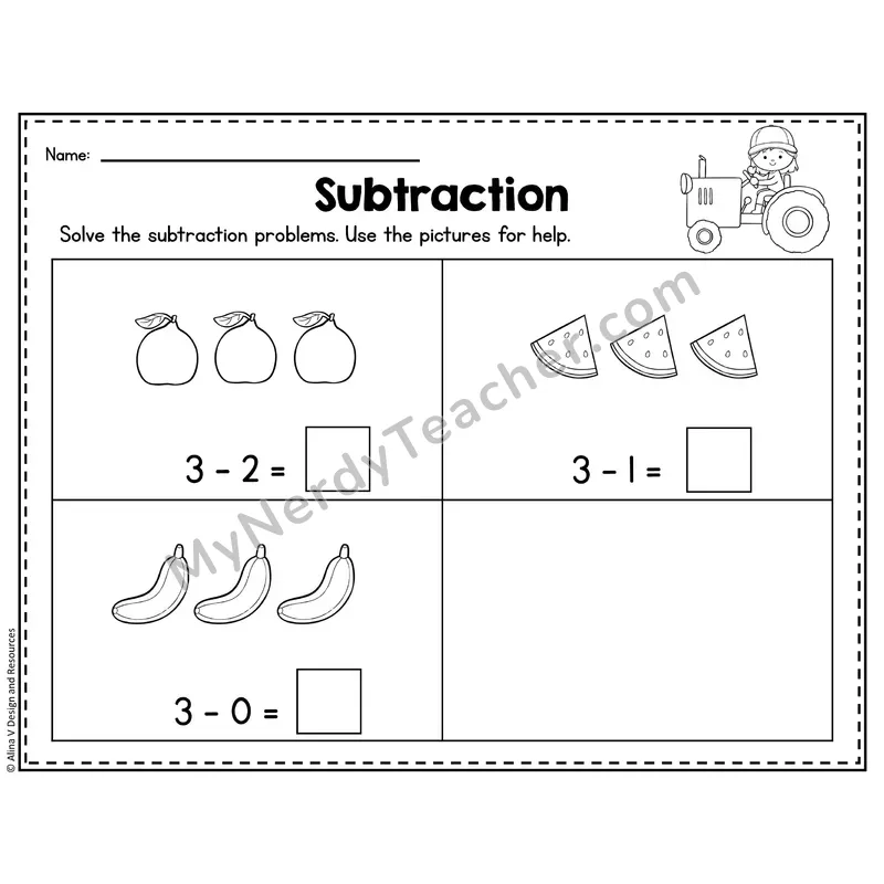Number 3 Worksheet — Subtraction Within 10