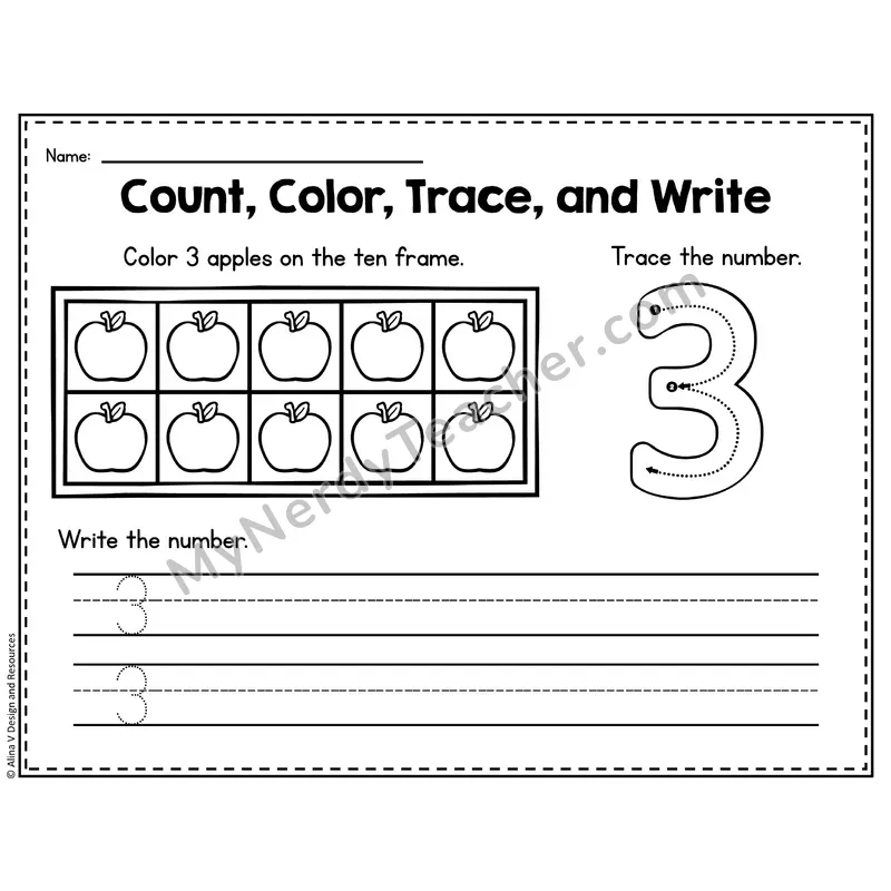 Number 3 Worksheet — Count, Color, Trace and Write