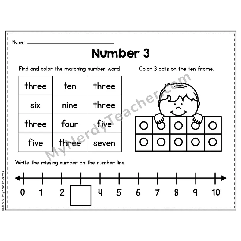 Number 3 Worksheet — Ten Frames and Number Words