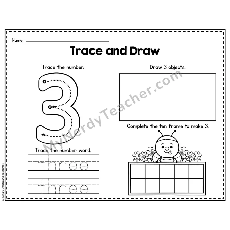 Number 3 Worksheet — Trace and Draw