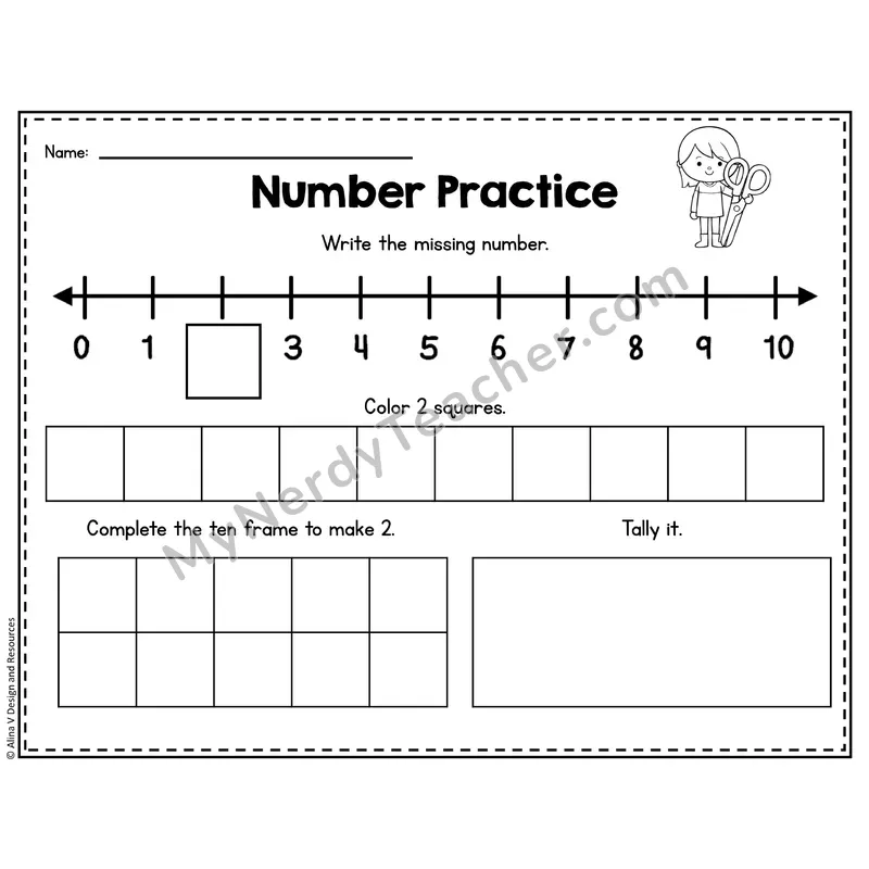 Number 2 Worksheet — Number Practice with Ten Frames