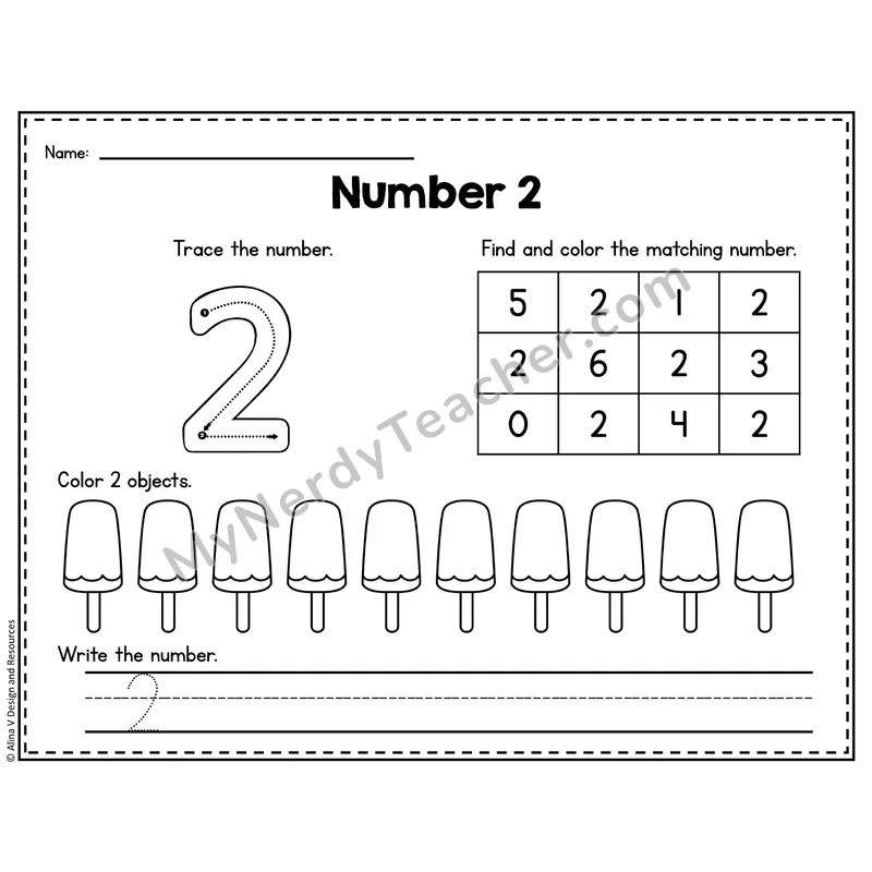 Number 2 Worksheet — Trace, Find and Write