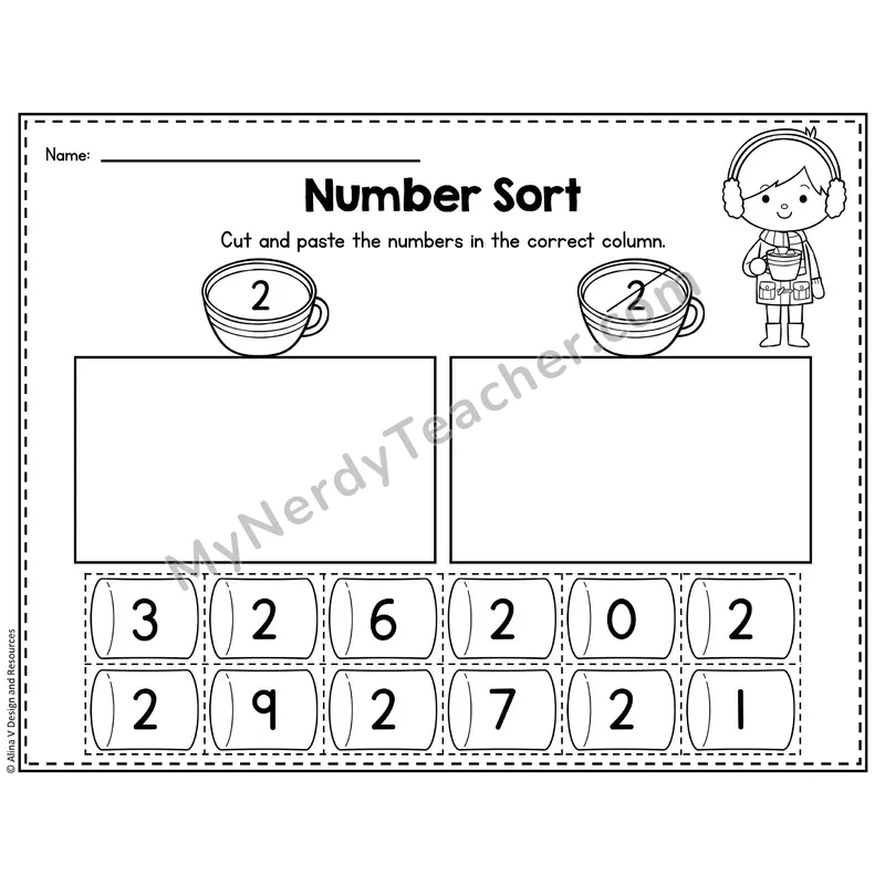 Number 2 Worksheet — Number Sort Cut and Paste