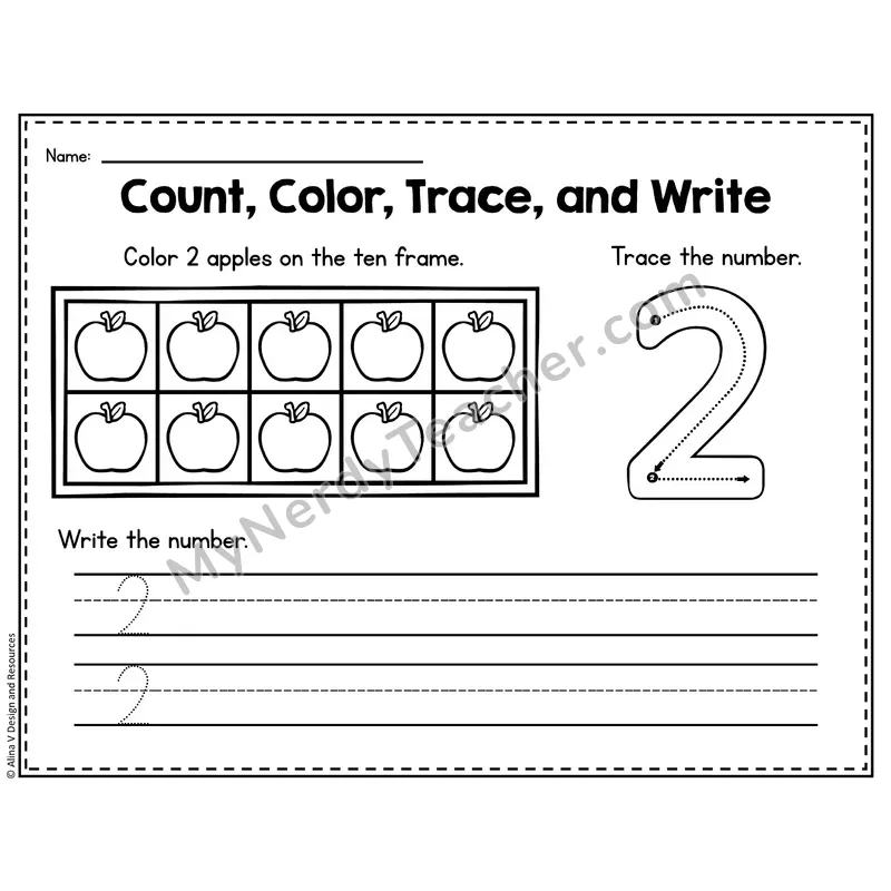 Number 2 Worksheet — Count, Color, Trace and Write