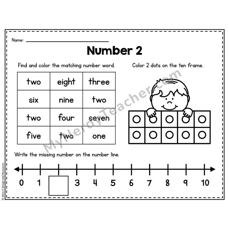Number 2 Worksheet — Ten Frames and Number Words
