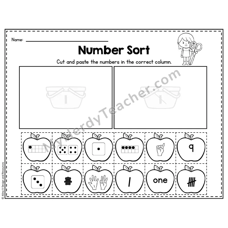 Number 1 Worksheet — Number Sort Cut and Paste