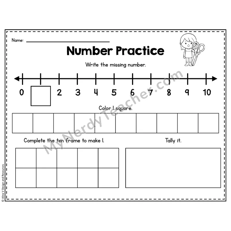Number 1 Worksheet — Number Practice with Ten Frames