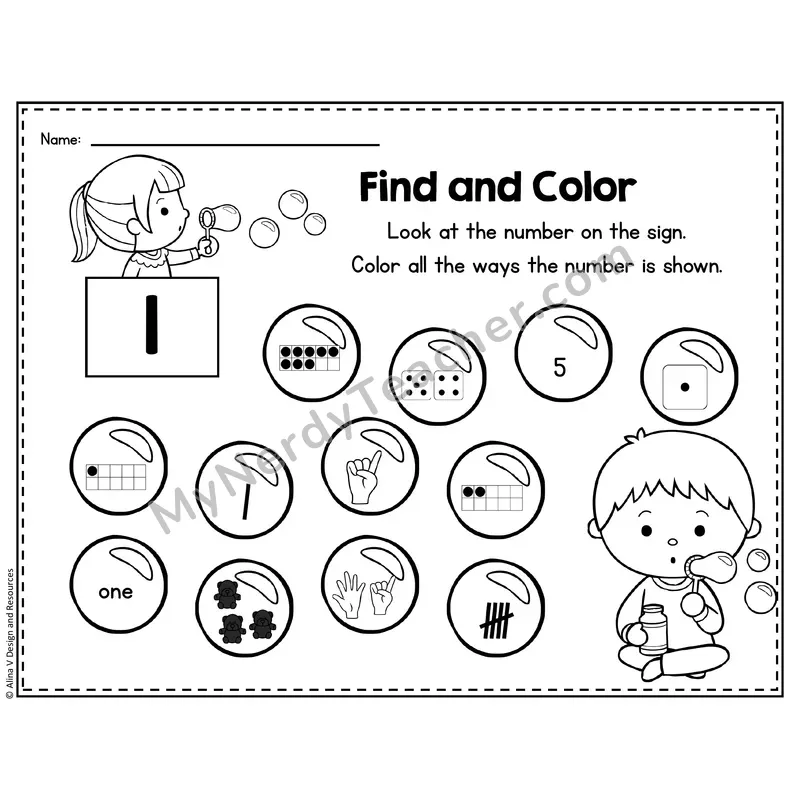 Number 1 Worksheet — Find and Color the Number