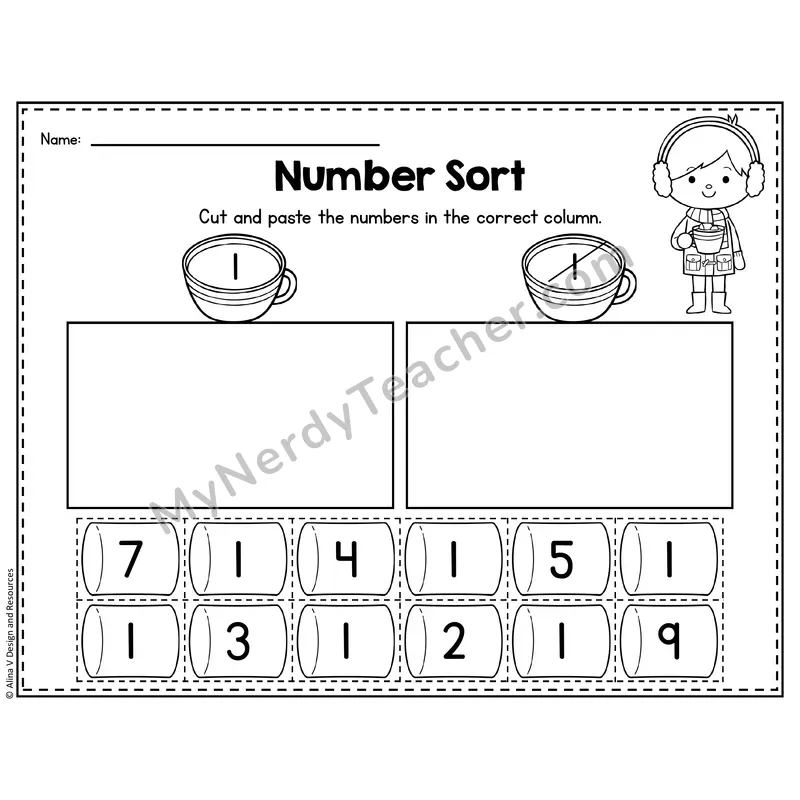 Number 1 Worksheet — Number Sort Cut and Paste