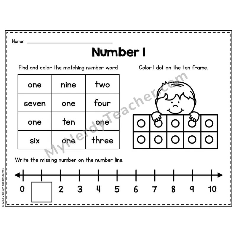 Number 1 Worksheet — Ten Frames and Number Words