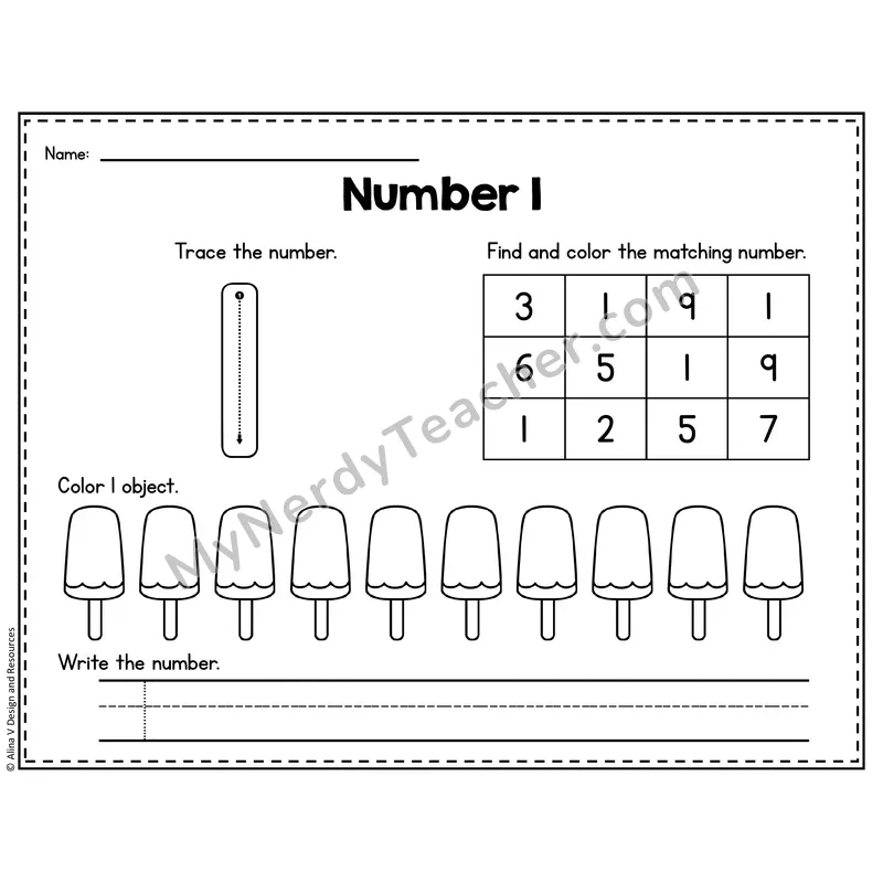Number 1 Worksheet — Trace, Find and Write