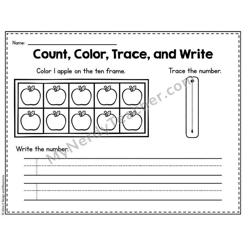 Number 1 Worksheet — Count, Color, Trace and Write