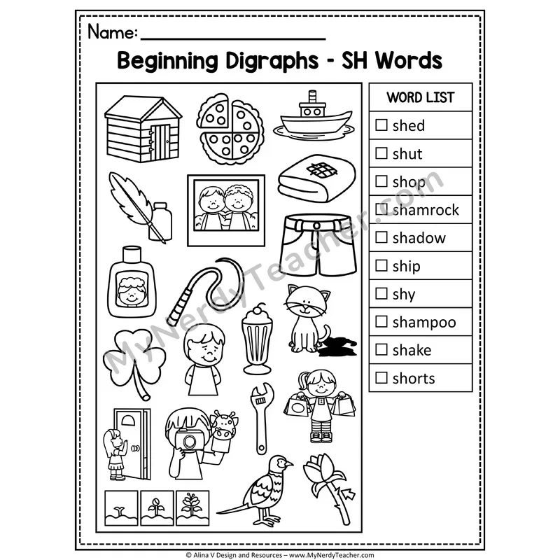 I Spy Phonics — Beginning Digraph SH Words Picture Search