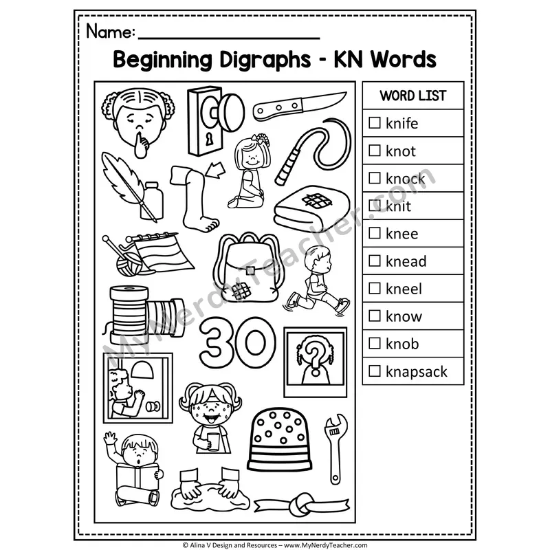 I Spy Phonics — Beginning Digraph KN Words Picture Search