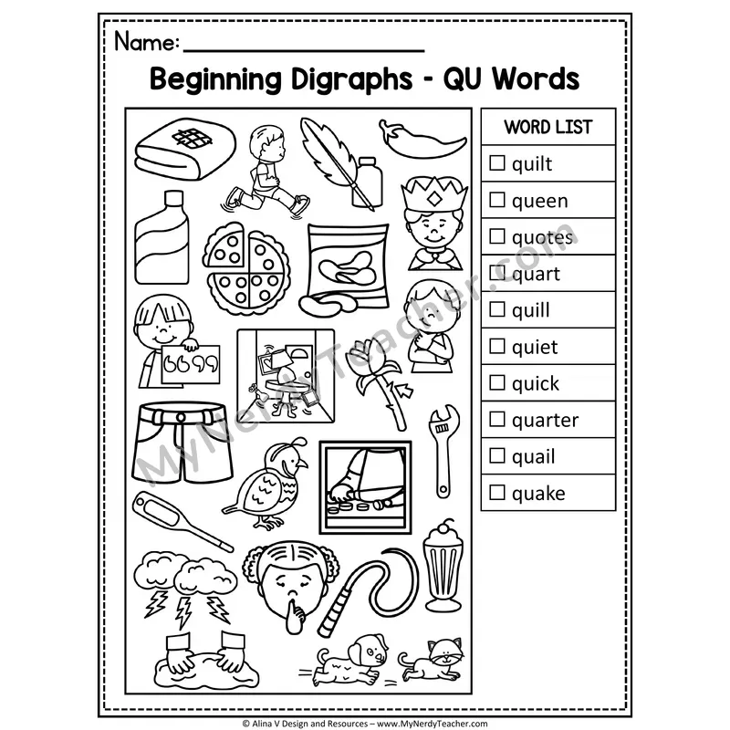 I Spy Phonics — Beginning Digraph QU Words Picture Search