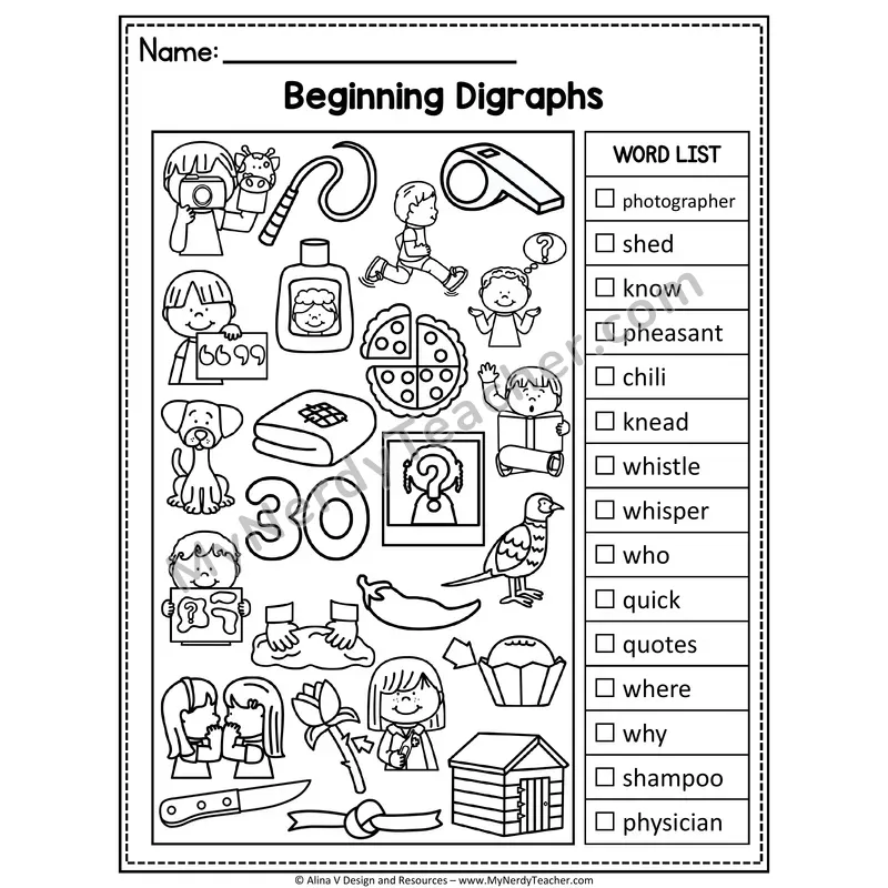 I Spy Phonics — Beginning Digraphs Review Picture Search