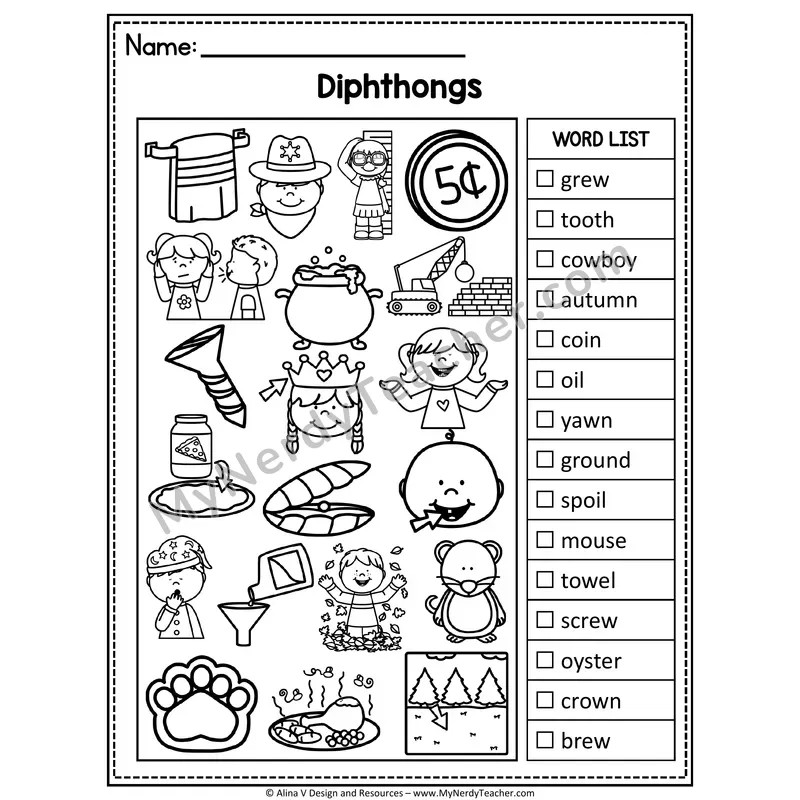 I Spy Phonics — Diphthongs Picture Search