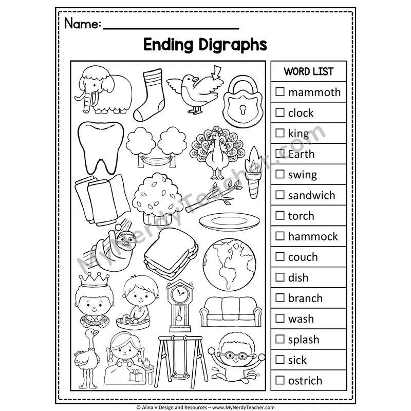 I Spy Phonics — Ending Digraphs Picture Search