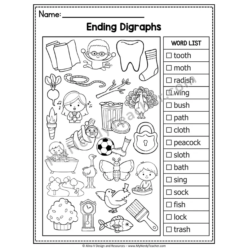 I Spy Phonics — Ending Digraphs Picture Search