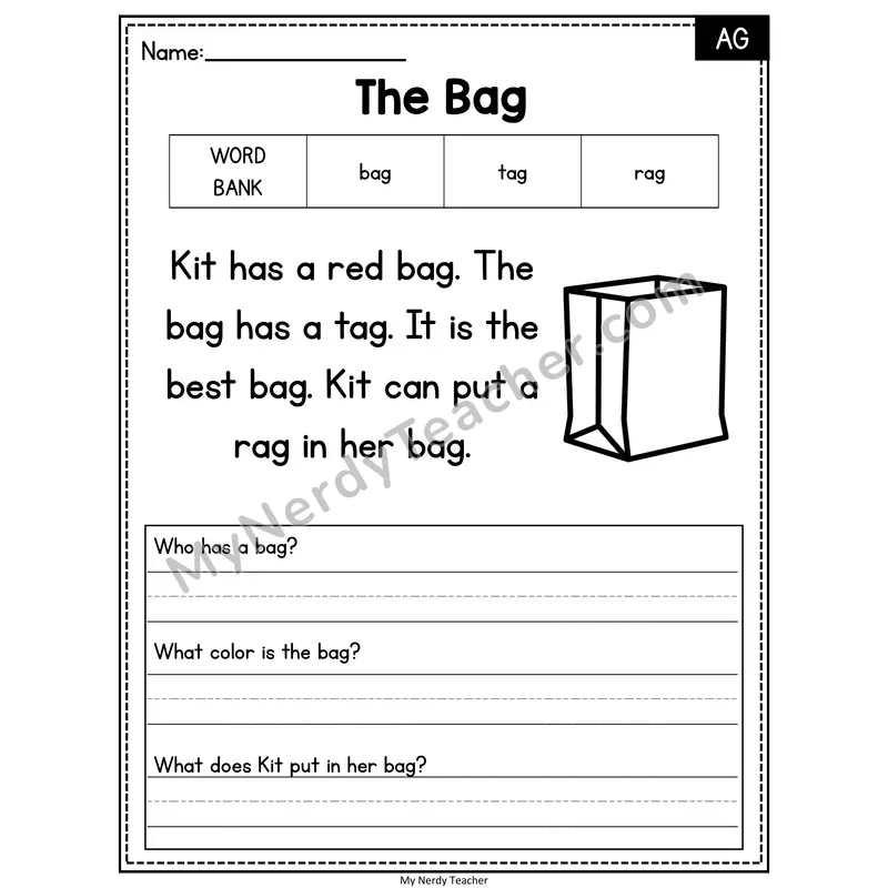 The Bag — AG Phonics Reading Passage with Short Answer