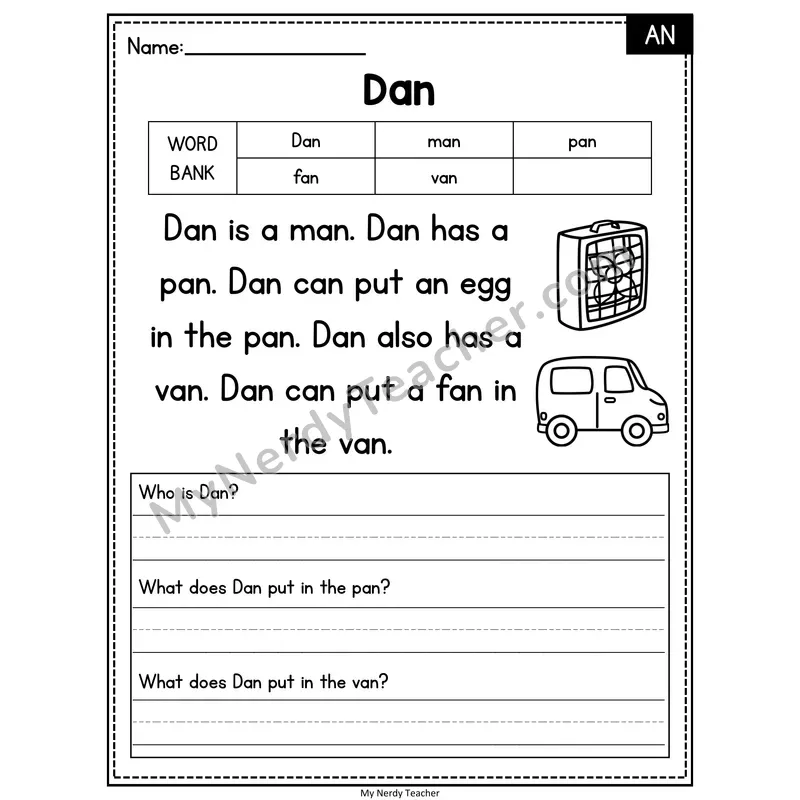 Dan — AN Phonics Reading Passage with Short Answer