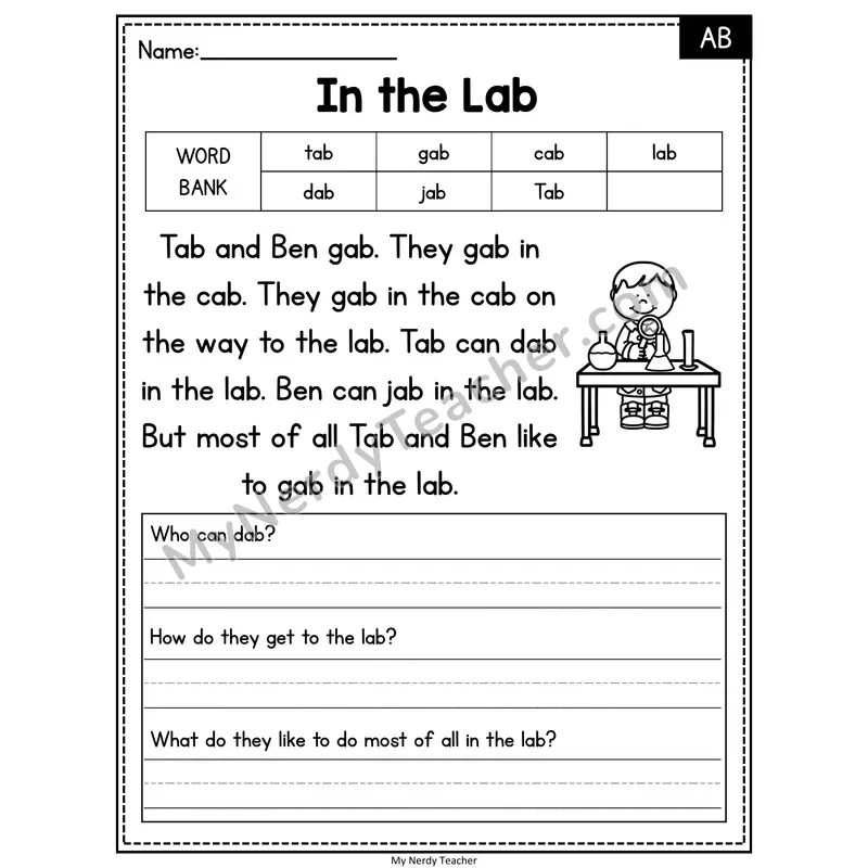 In the Lab — AB Phonics Reading Passage with Short Answer