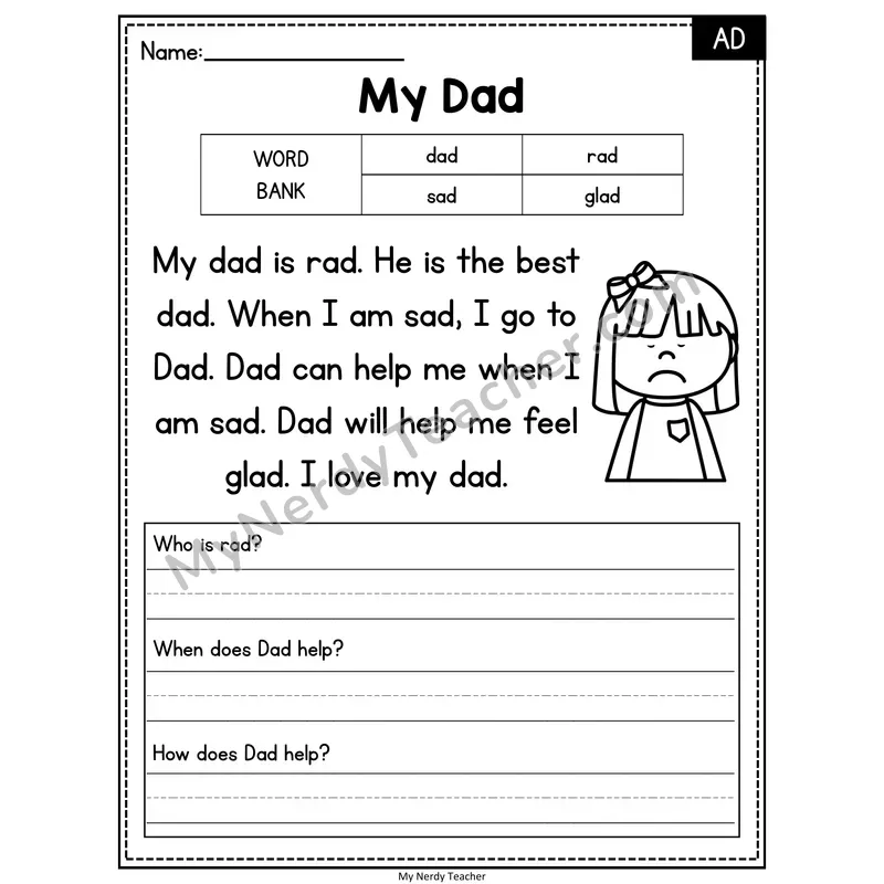 My Dad — AD Phonics Reading Passage with Short Answer