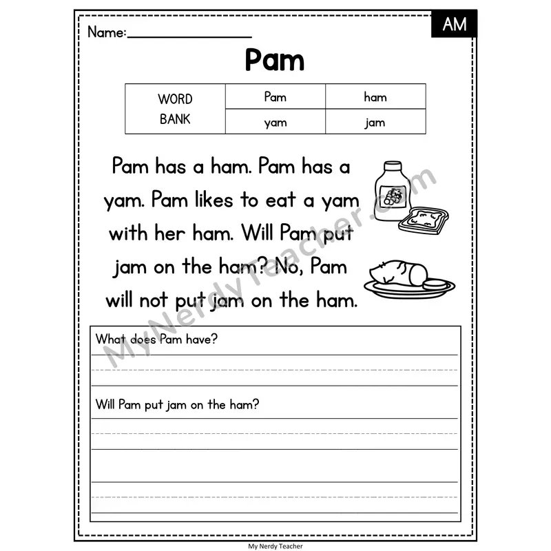 Pam — AM Phonics Reading Passage with Short Answer