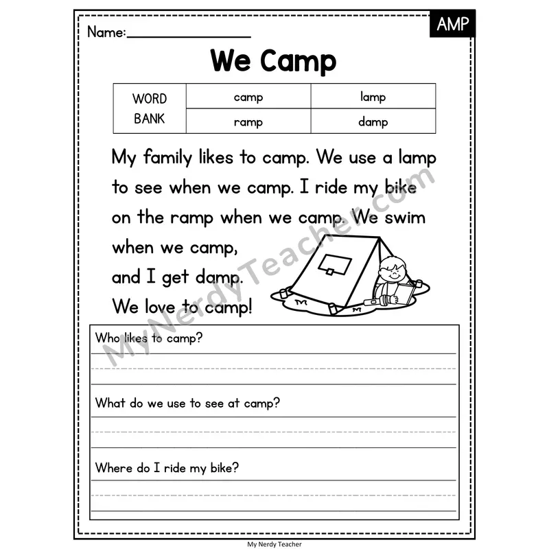 We Camp — AMP Phonics Reading Passage with Short Answer