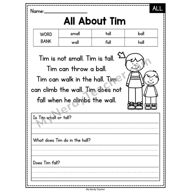 All About Tim — ALL Phonics Reading Passage with Short Answer