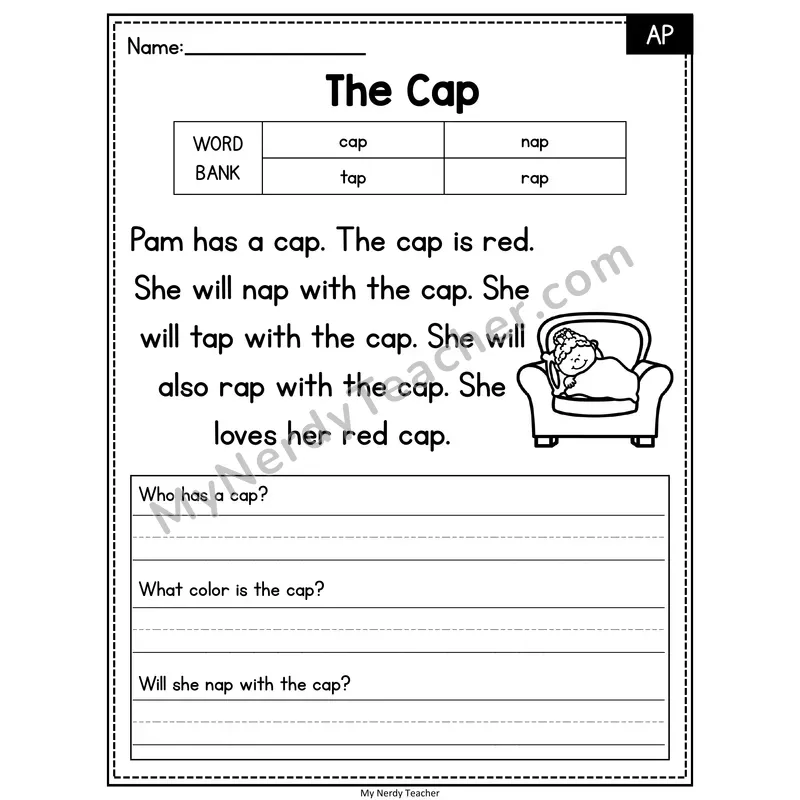 The Cap — AP Phonics Reading Passage with Short Answer